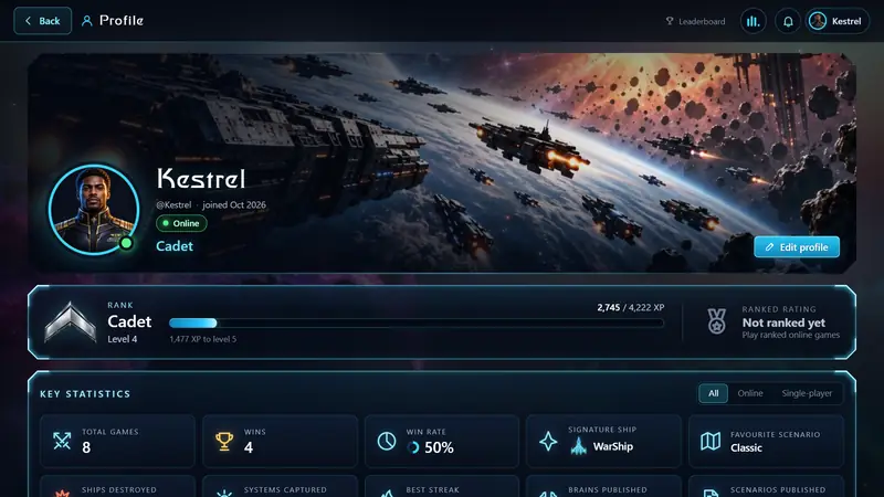 A commander's profile: rank, level, achievements and match history